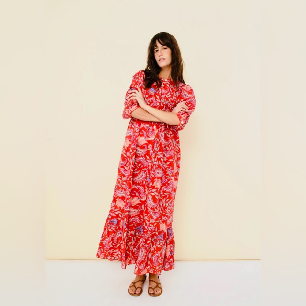 Red Paisley Print Cotton Boho Maxi Fair Trade Vegan Button Down Dress